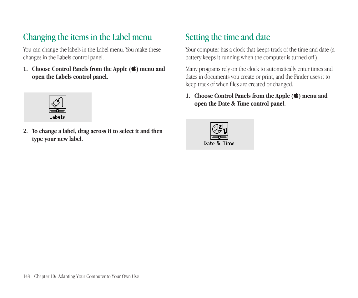 Changing the items in the label menu, Setting the time and date | Apple Macintosh PowerBook 145B User Manual | Page 162 / 304