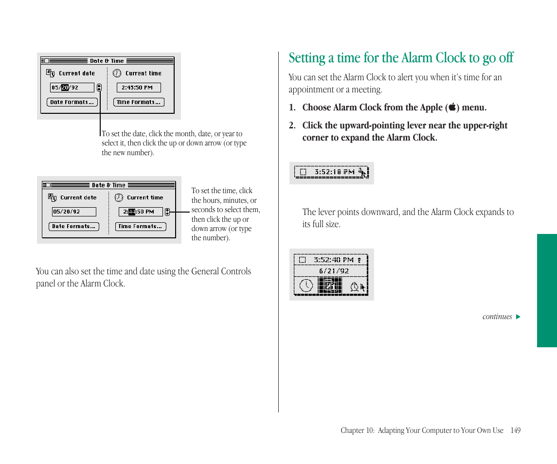 Setting a time for the alarm clock to go off | Apple Macintosh PowerBook 145B User Manual | Page 163 / 304