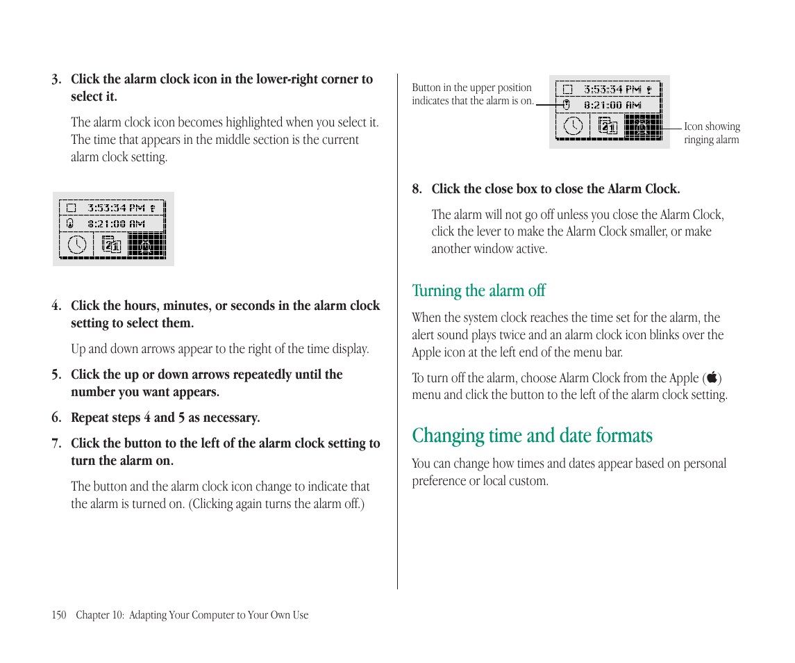 Changing time and date formats, Turning the alarm off | Apple Macintosh PowerBook 145B User Manual | Page 164 / 304