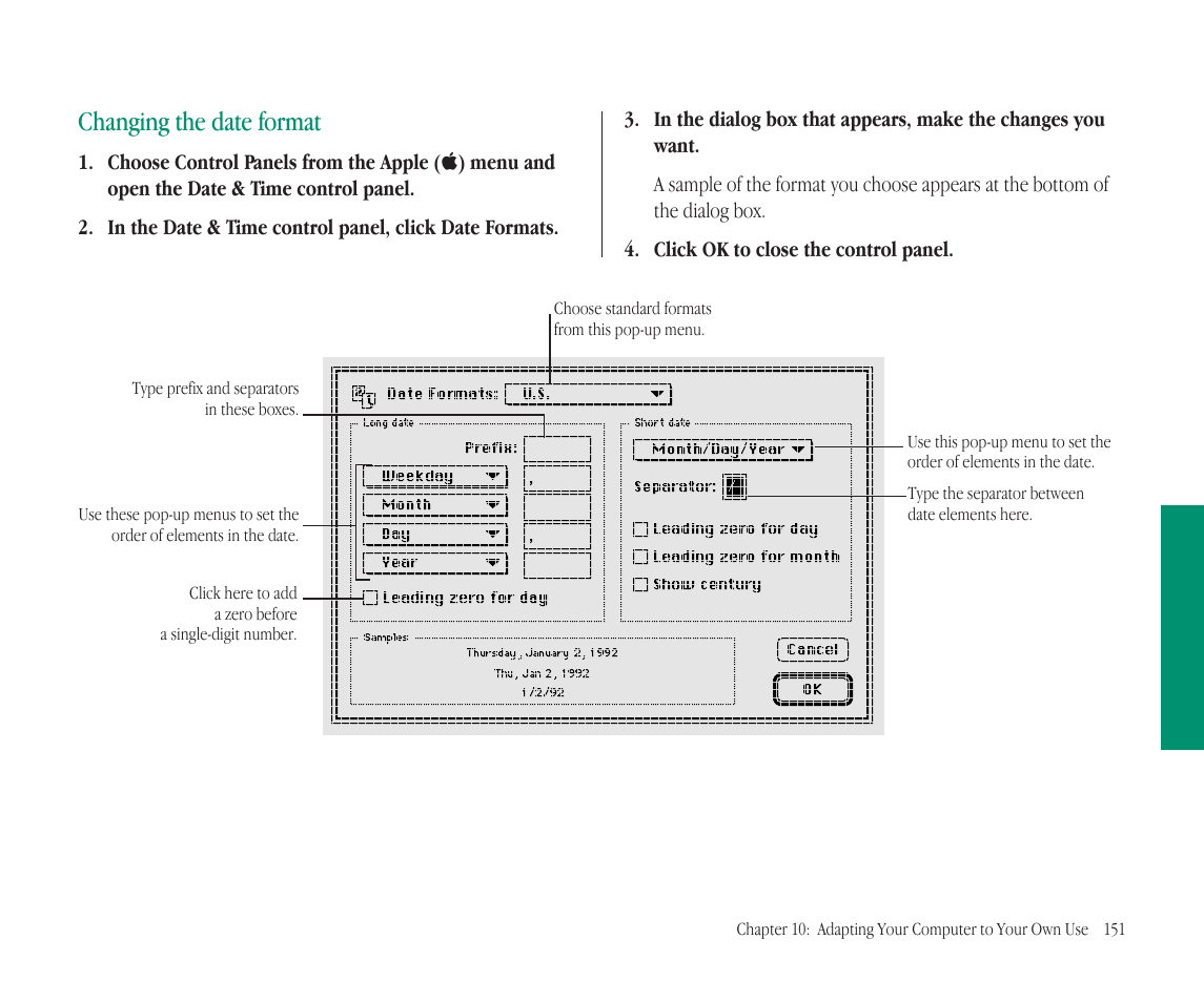 Changing the date format | Apple Macintosh PowerBook 145B User Manual | Page 165 / 304