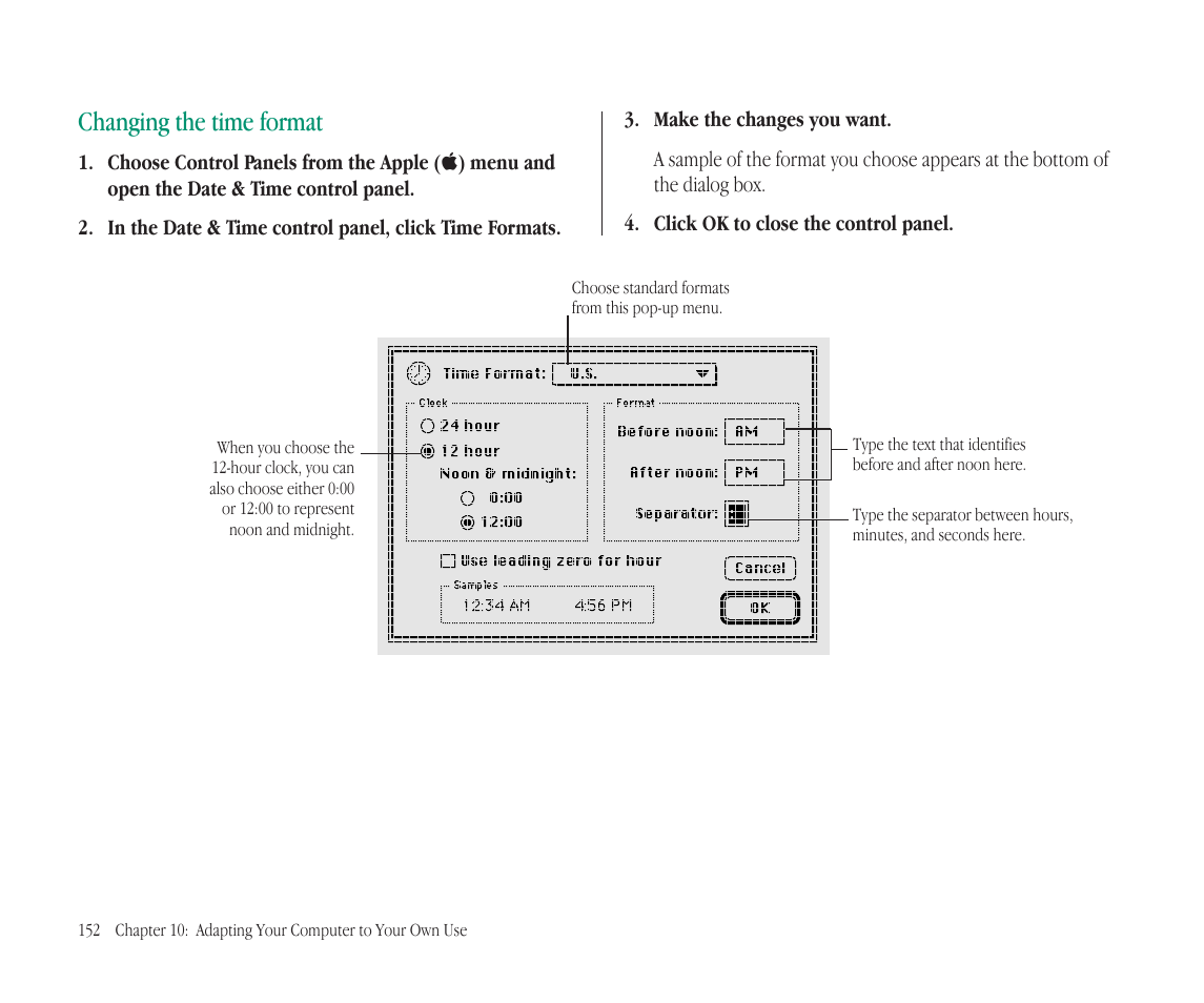 Changing the time format | Apple Macintosh PowerBook 145B User Manual | Page 166 / 304