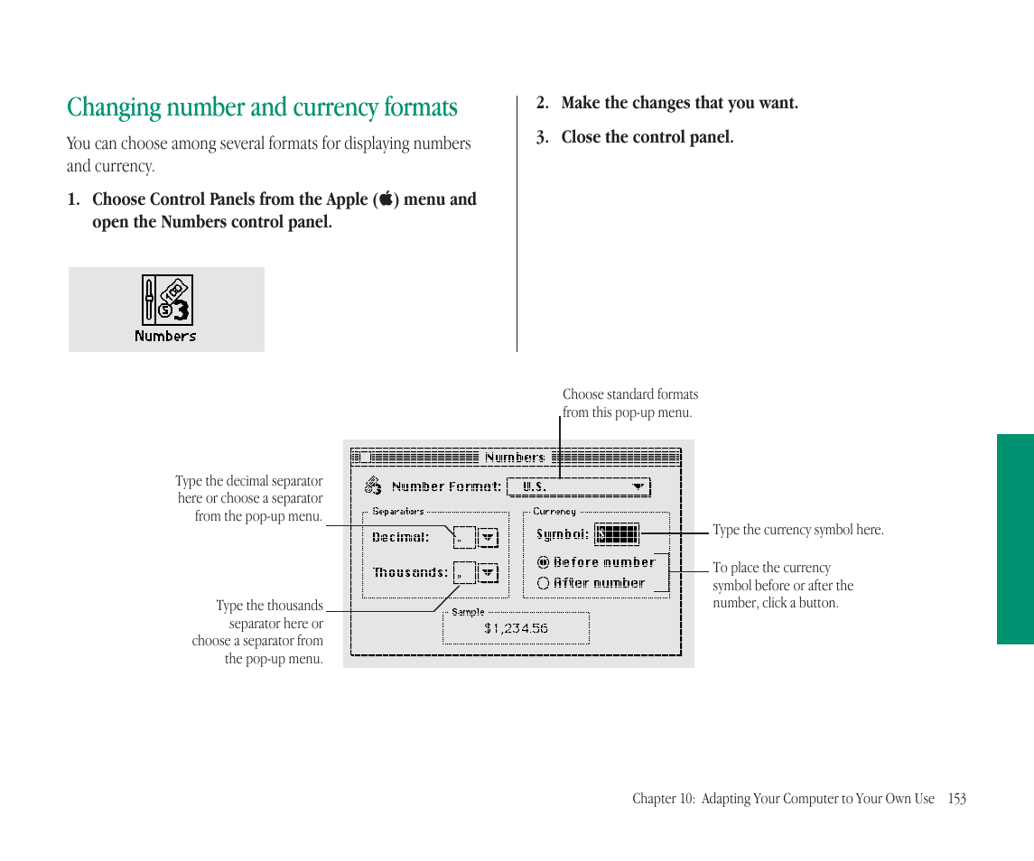 Changing number and currency formats | Apple Macintosh PowerBook 145B User Manual | Page 167 / 304