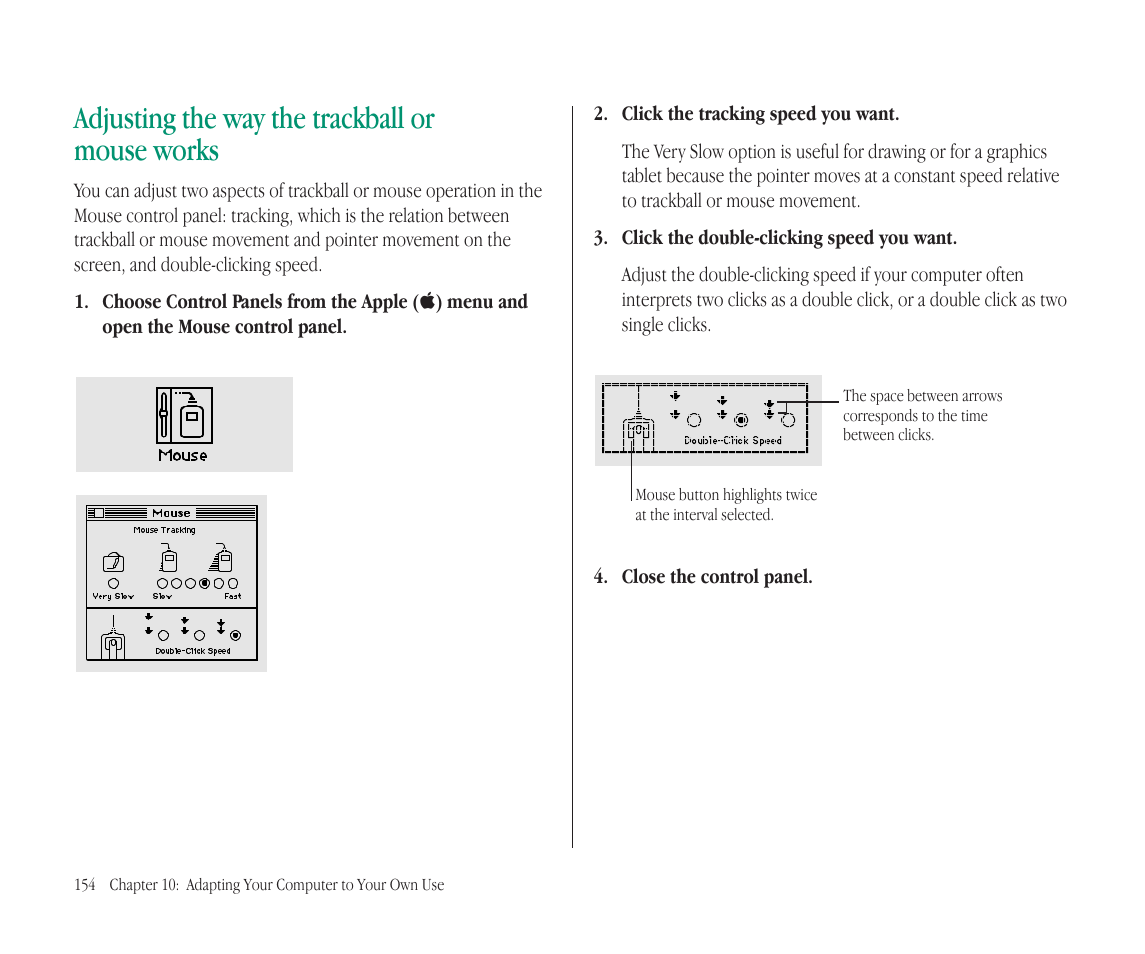 Adjusting the way the trackball or mouse works | Apple Macintosh PowerBook 145B User Manual | Page 168 / 304