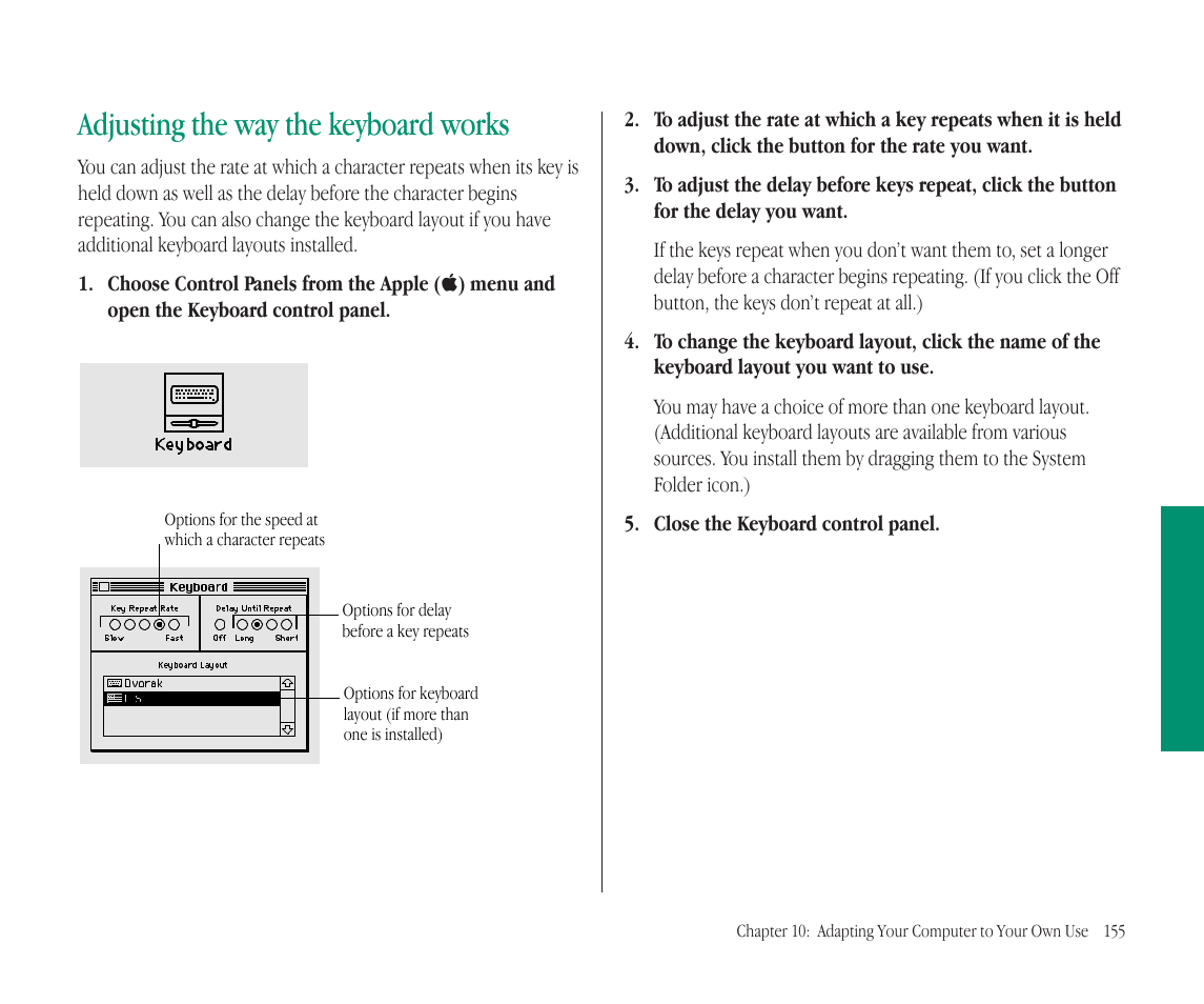 Adjusting the way the keyboard works | Apple Macintosh PowerBook 145B User Manual | Page 169 / 304