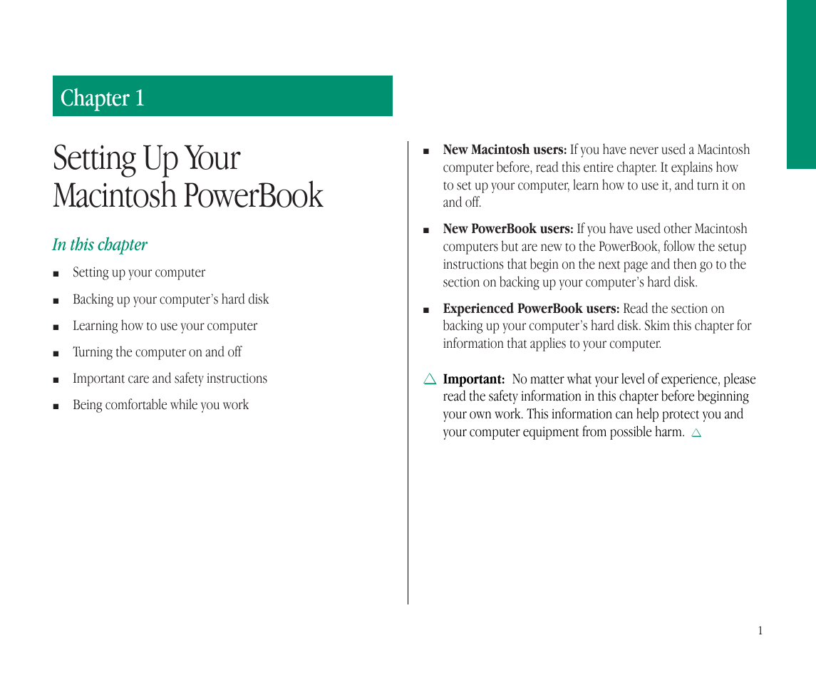 Setting up your macintosh powerbook, Chapter 1 | Apple Macintosh PowerBook 145B User Manual | Page 17 / 304