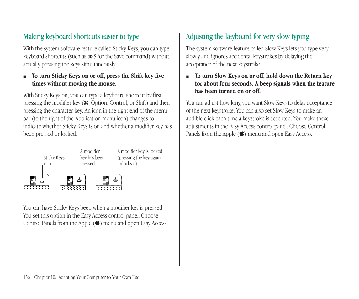 Making keyboard shortcuts easier to type, Adjusting the keyboard for very slow typing | Apple Macintosh PowerBook 145B User Manual | Page 170 / 304