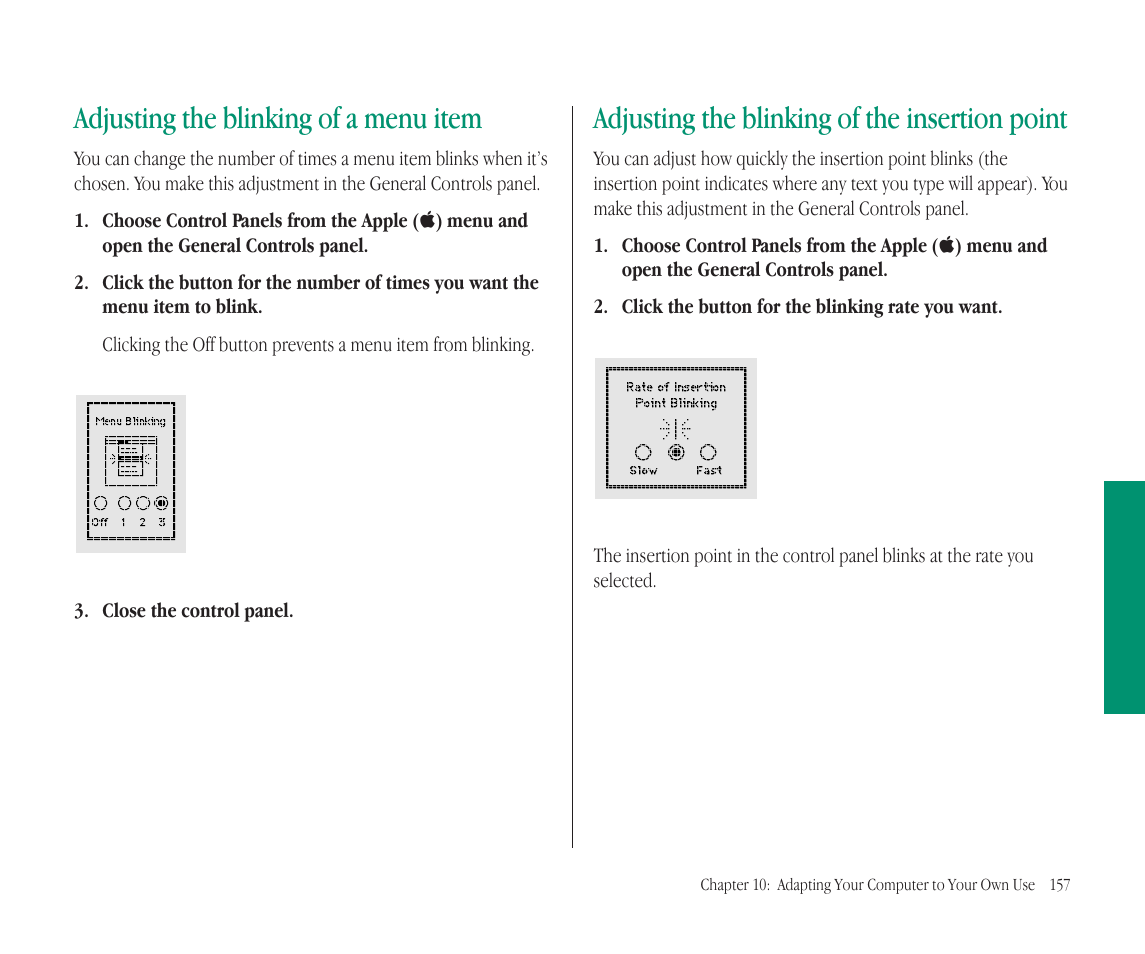 Adjusting the blinking of a menu item, Adjusting the blinking of the insertion point | Apple Macintosh PowerBook 145B User Manual | Page 171 / 304