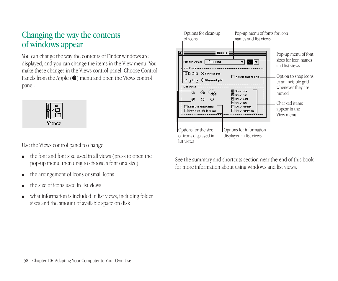 Changing the way the contents of windows appear | Apple Macintosh PowerBook 145B User Manual | Page 172 / 304