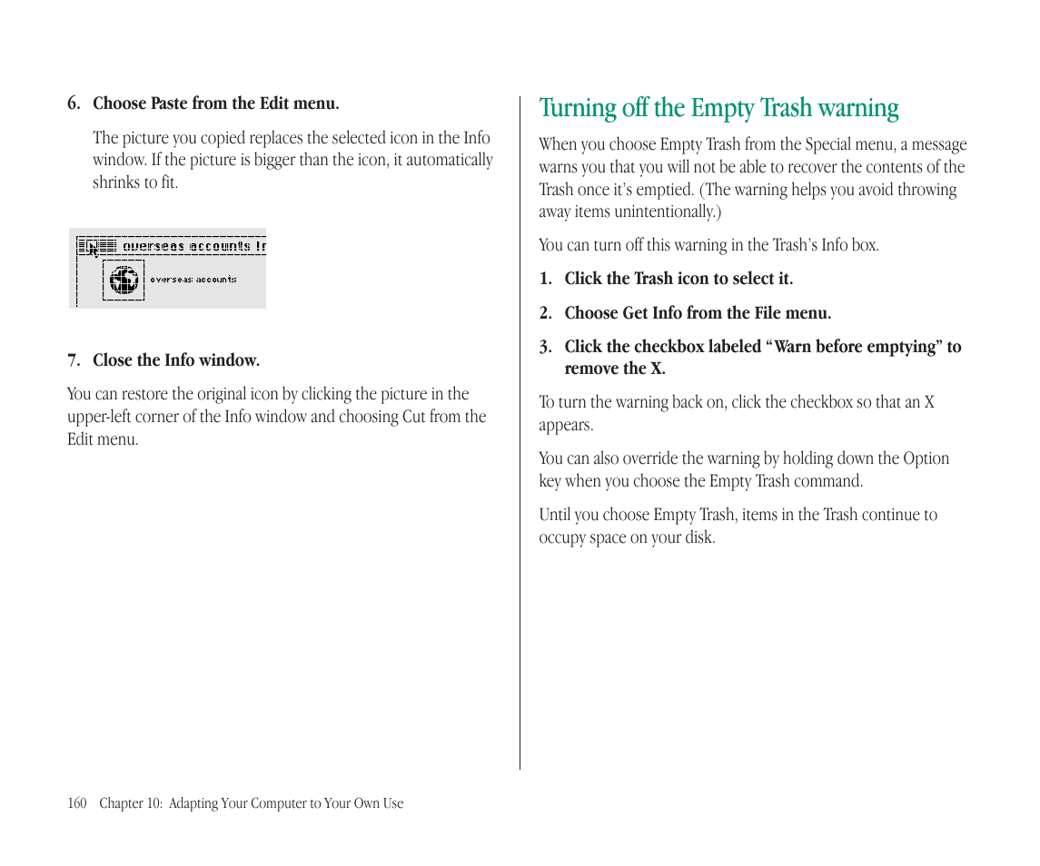 Turning off the empty trash warning | Apple Macintosh PowerBook 145B User Manual | Page 174 / 304