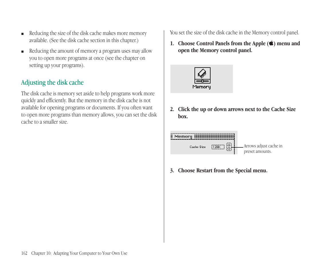 Adjusting the disk cache | Apple Macintosh PowerBook 145B User Manual | Page 176 / 304