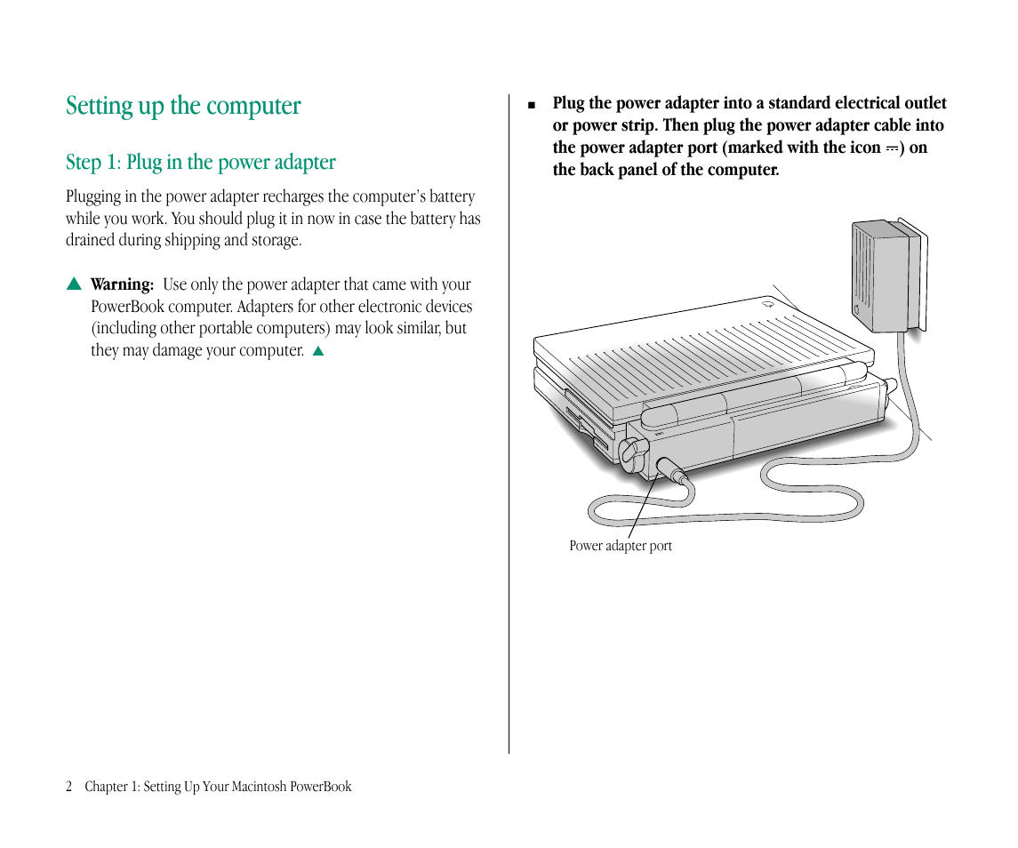 Setting up the computer, Step 1: plug in the power adapter | Apple Macintosh PowerBook 145B User Manual | Page 18 / 304