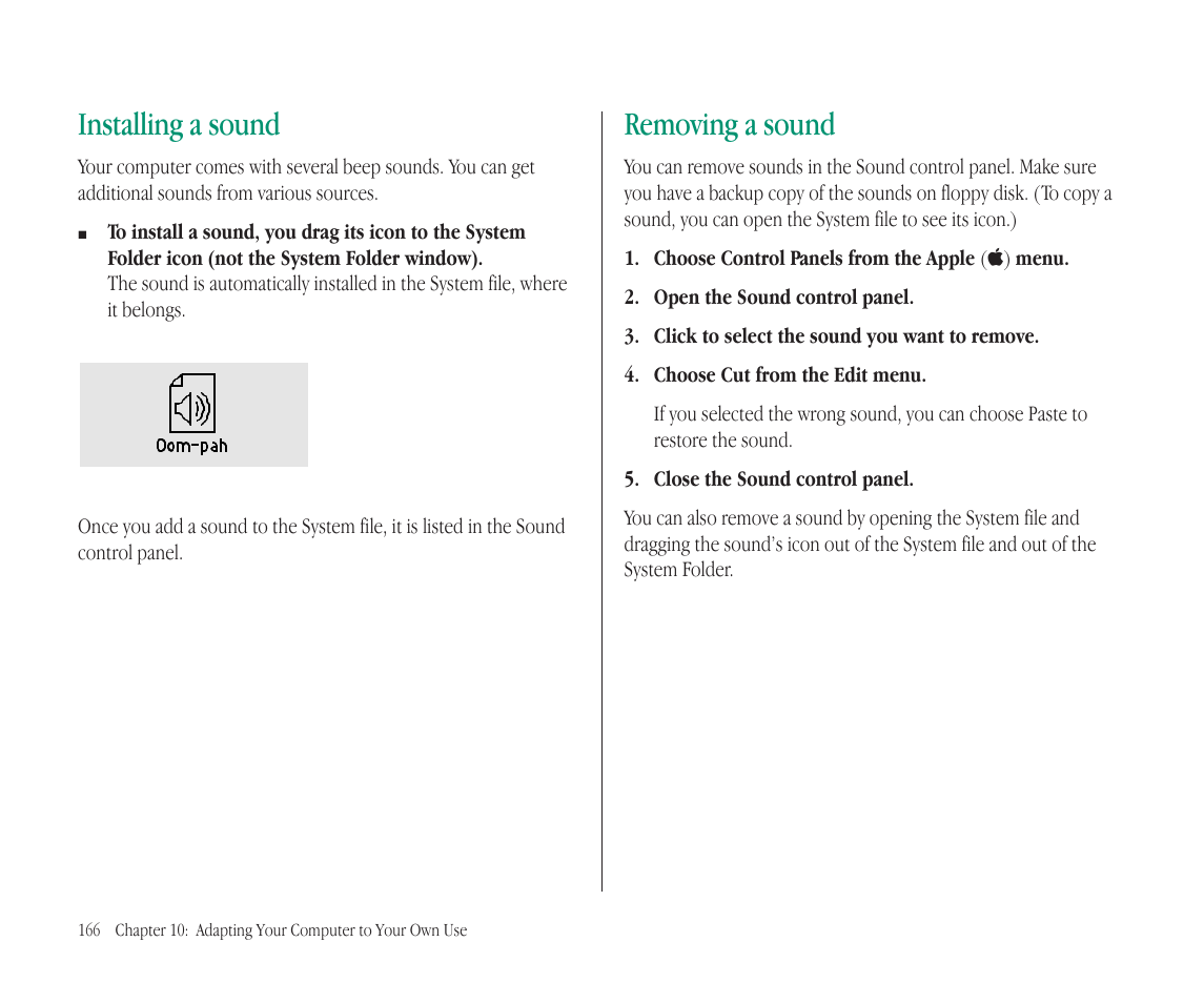 Installing a sound, Removing a sound | Apple Macintosh PowerBook 145B User Manual | Page 180 / 304