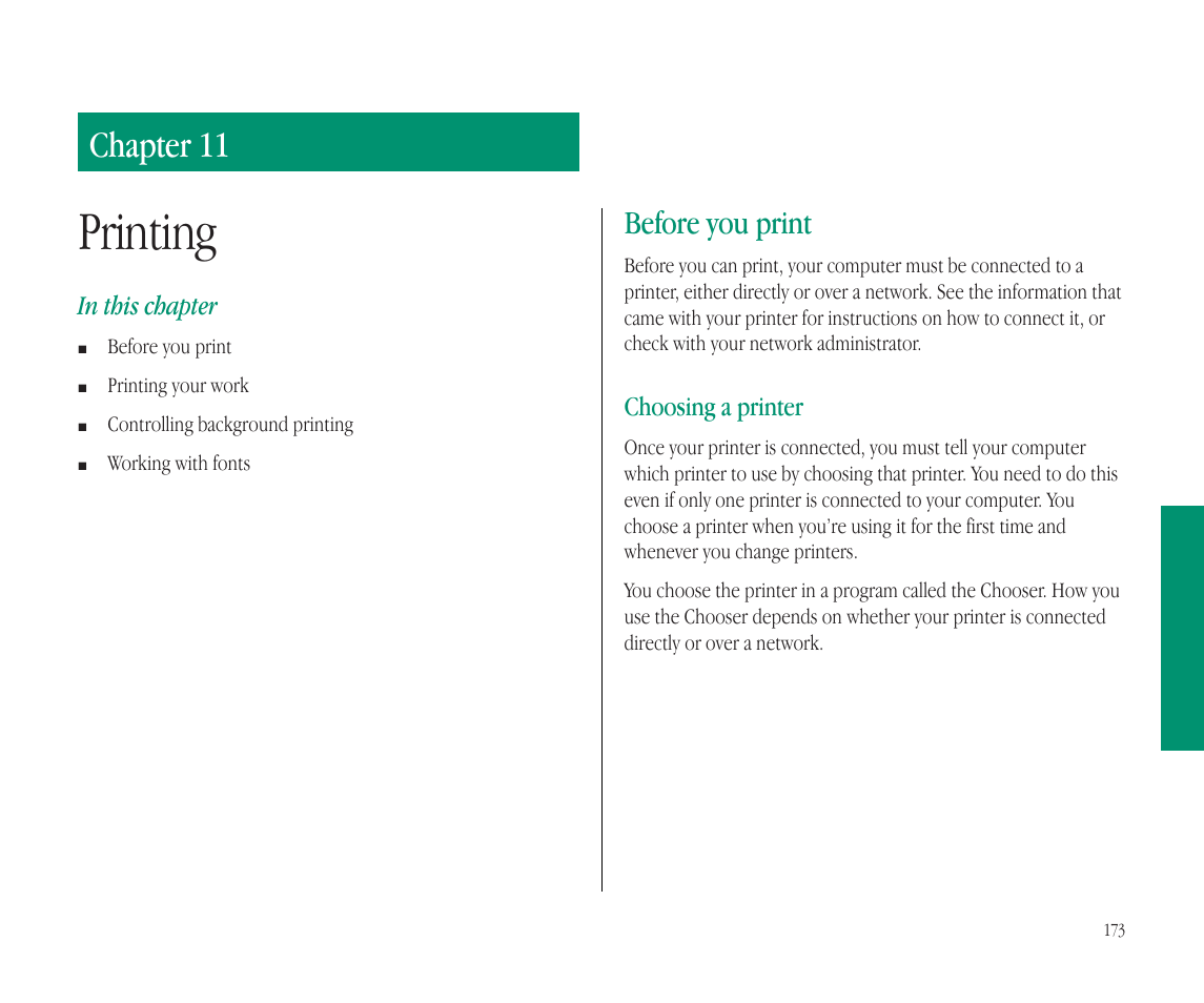 Printing, Chapter 11, Before you print | Apple Macintosh PowerBook 145B User Manual | Page 187 / 304