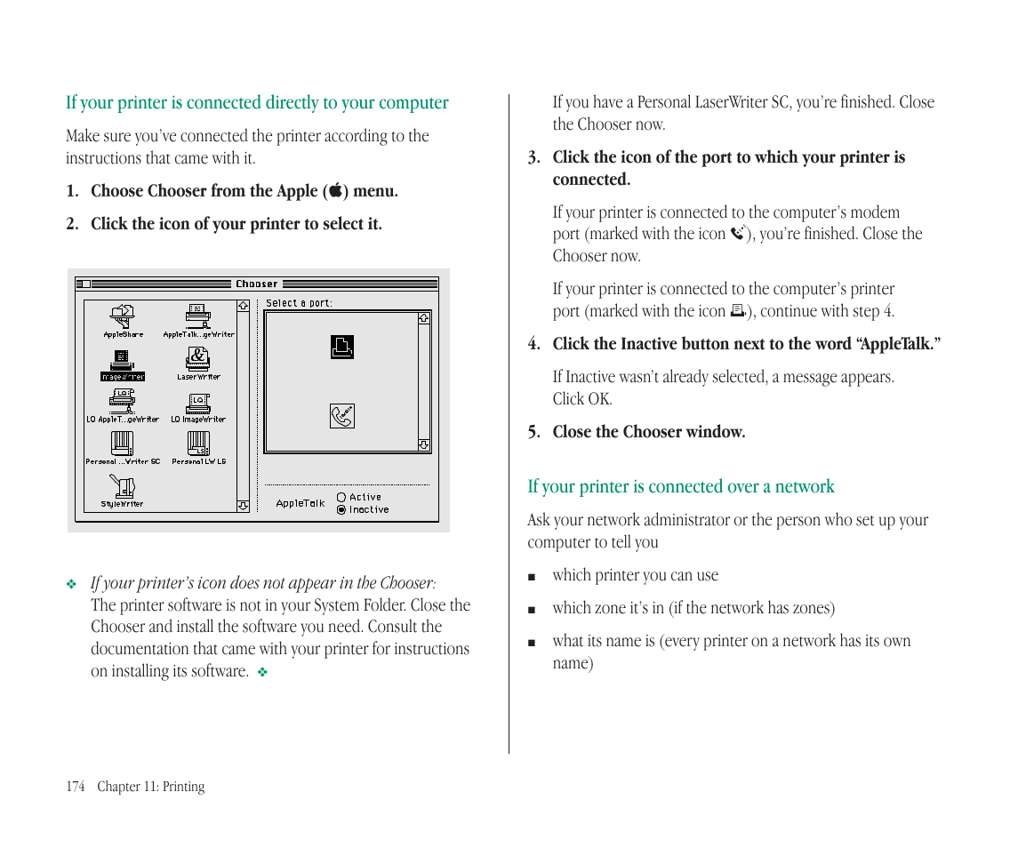 If your printer is connected over a network | Apple Macintosh PowerBook 145B User Manual | Page 188 / 304