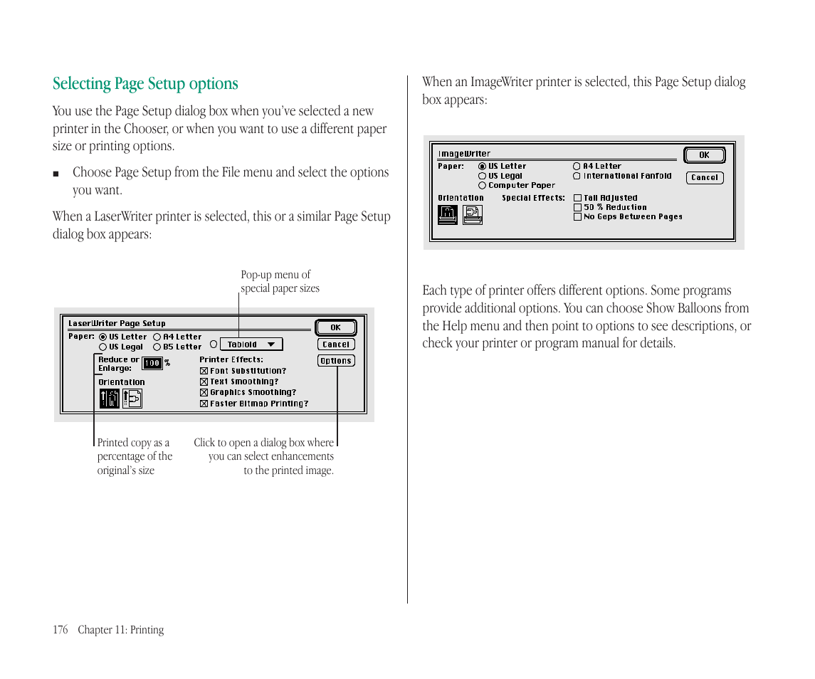 Selecting page setup options | Apple Macintosh PowerBook 145B User Manual | Page 190 / 304