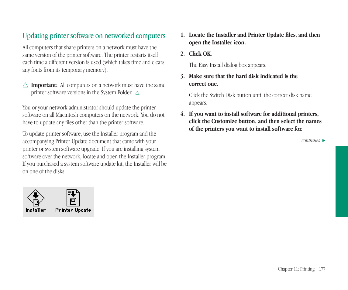 Updating printer software on networked computers | Apple Macintosh PowerBook 145B User Manual | Page 191 / 304