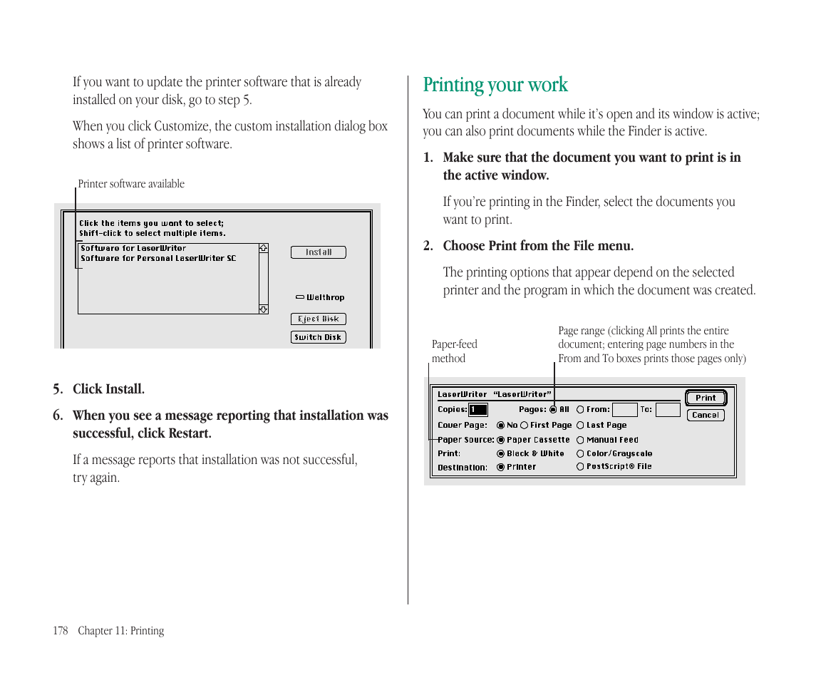 Printing your work | Apple Macintosh PowerBook 145B User Manual | Page 192 / 304