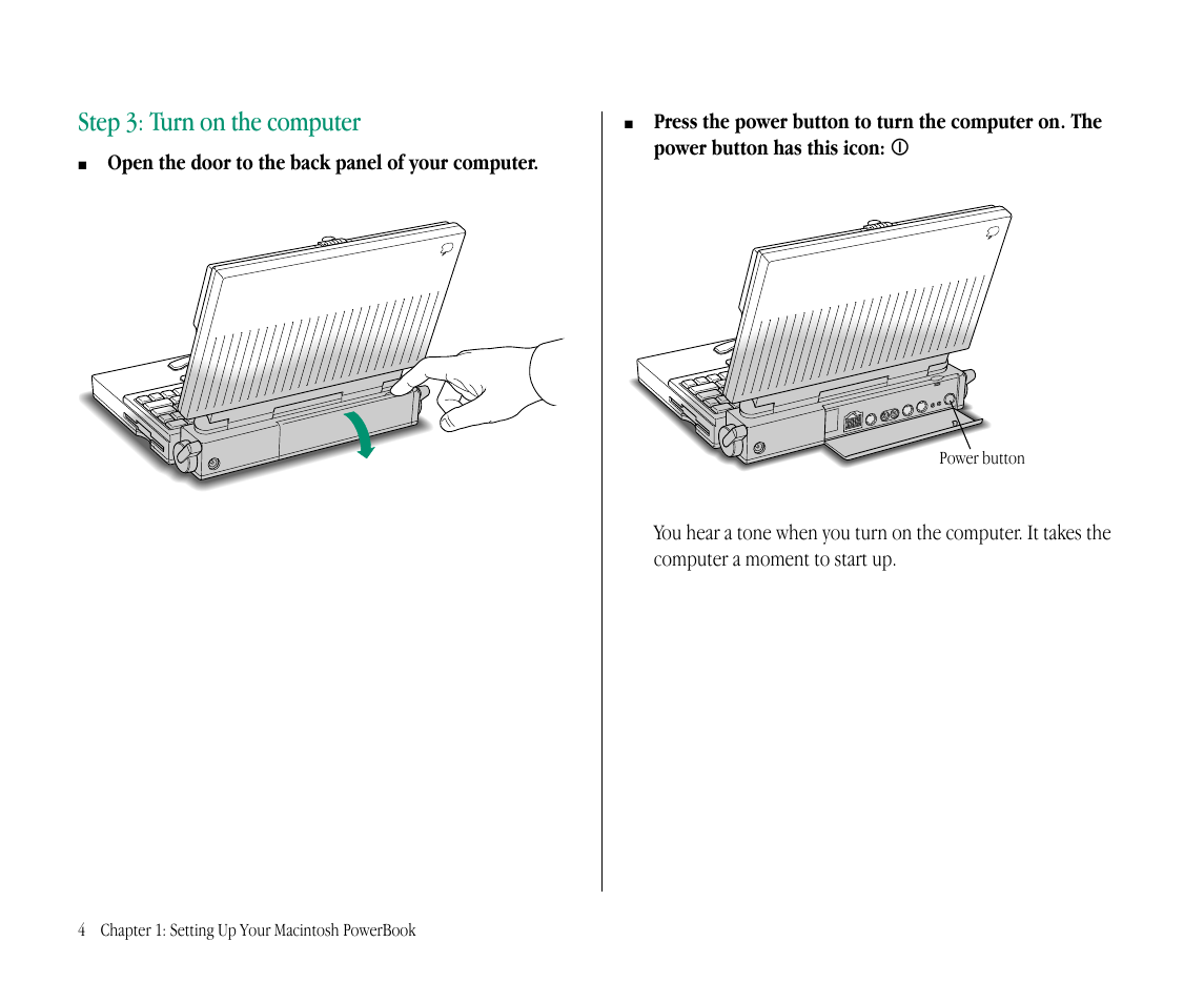 Step 3: turn on the computer | Apple Macintosh PowerBook 145B User Manual | Page 20 / 304