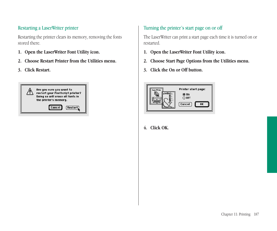 Restarting a laserwriter printer, Turning the printer’s start page on or off | Apple Macintosh PowerBook 145B User Manual | Page 201 / 304