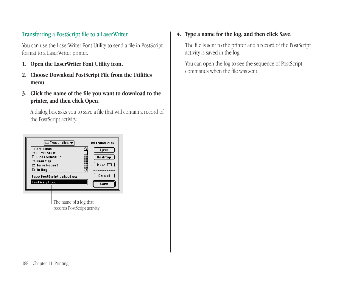 Transferring a postscript file to a laserwriter | Apple Macintosh PowerBook 145B User Manual | Page 202 / 304