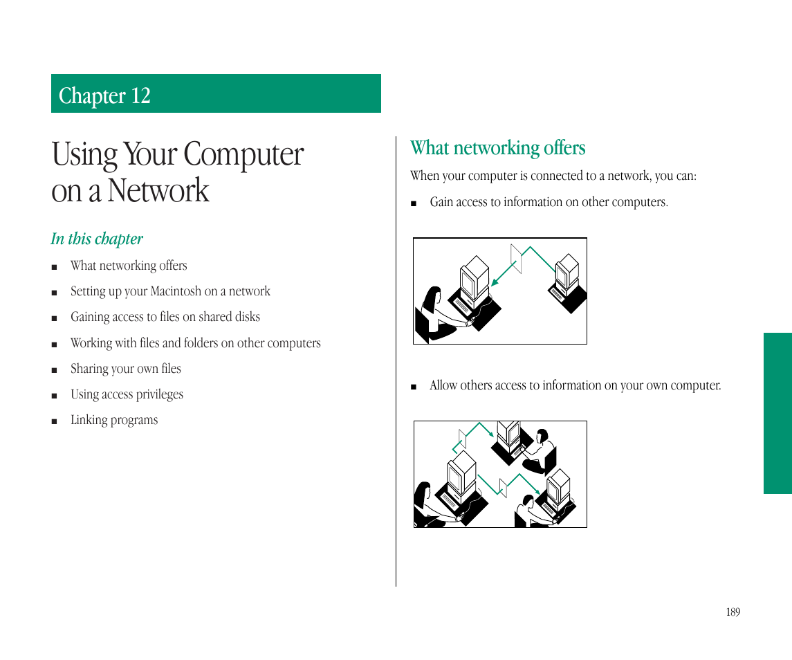 Using your computer on a network, Chapter 12, What networking offers | Apple Macintosh PowerBook 145B User Manual | Page 203 / 304