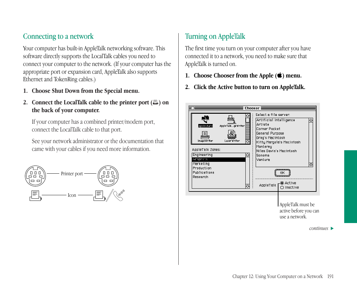 Connecting to a network, Turning on appletalk | Apple Macintosh PowerBook 145B User Manual | Page 205 / 304