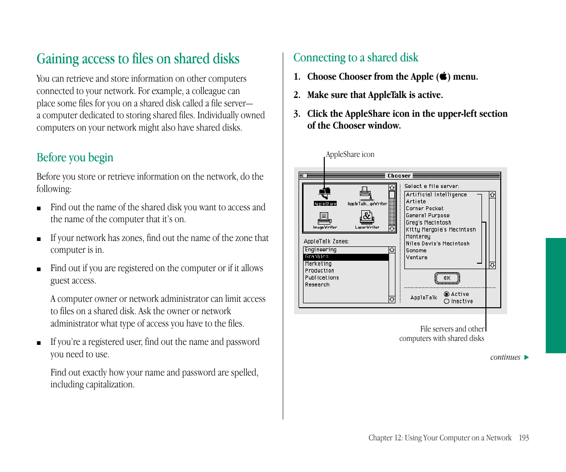 Gaining access to files on shared disks, Before you begin, Connecting to a shared disk | Apple Macintosh PowerBook 145B User Manual | Page 207 / 304