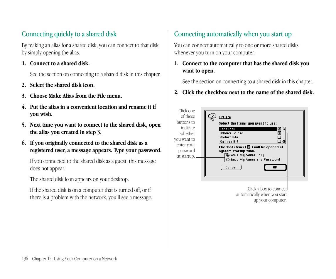 Connecting quickly to a shared disk, Connecting automatically when you start up | Apple Macintosh PowerBook 145B User Manual | Page 210 / 304