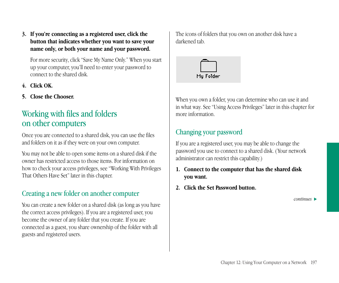 Working with files and folders on other computers, Creating a new folder on another computer, Changing your password | Apple Macintosh PowerBook 145B User Manual | Page 211 / 304