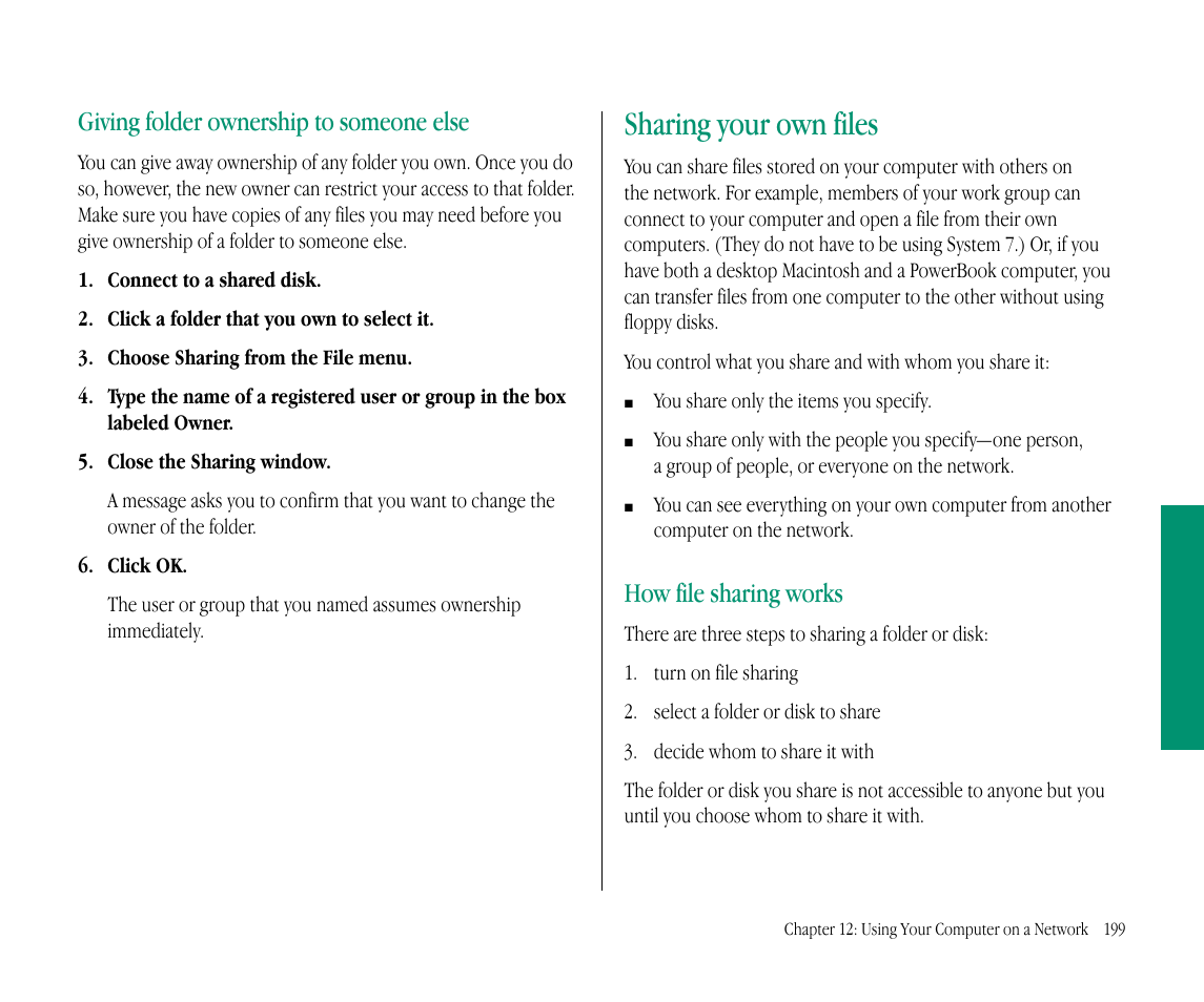 Sharing your own files, Giving folder ownership to someone else, How file sharing works | Apple Macintosh PowerBook 145B User Manual | Page 213 / 304