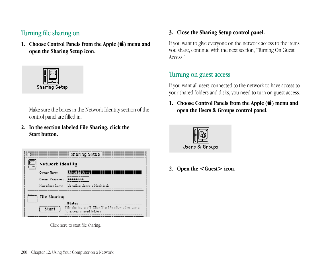 Turning file sharing on, Turning on guest access | Apple Macintosh PowerBook 145B User Manual | Page 214 / 304