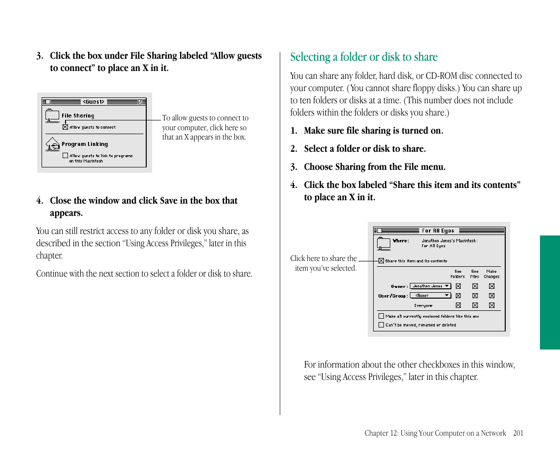 Selecting a folder or disk to share | Apple Macintosh PowerBook 145B User Manual | Page 215 / 304