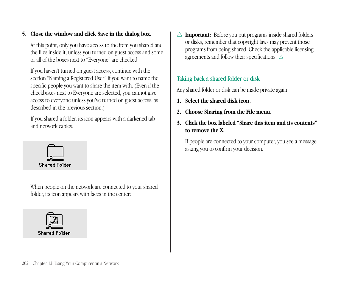 Taking back a shared folder or disk | Apple Macintosh PowerBook 145B User Manual | Page 216 / 304