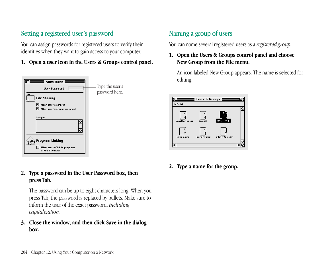 Setting a registered user’s password, Naming a group of users | Apple Macintosh PowerBook 145B User Manual | Page 218 / 304