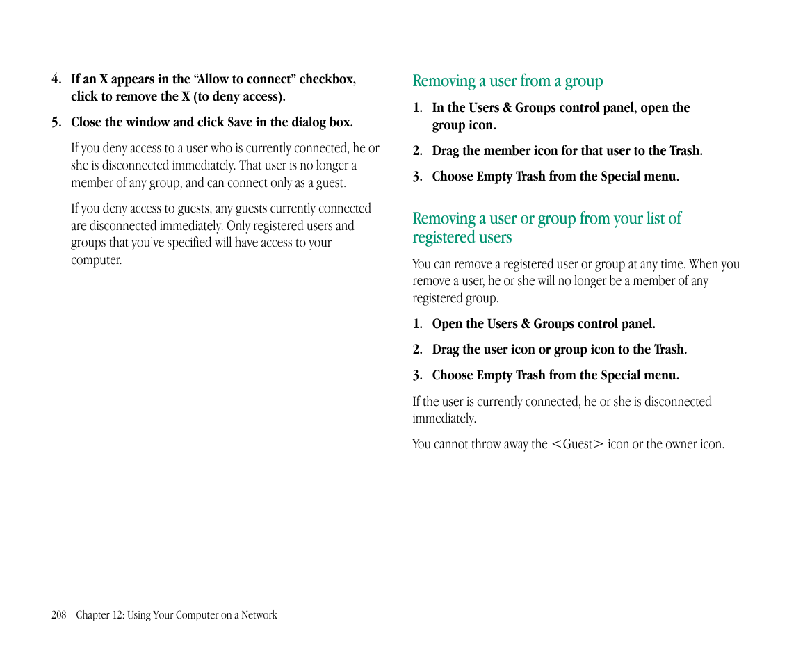 Removing a user from a group | Apple Macintosh PowerBook 145B User Manual | Page 222 / 304