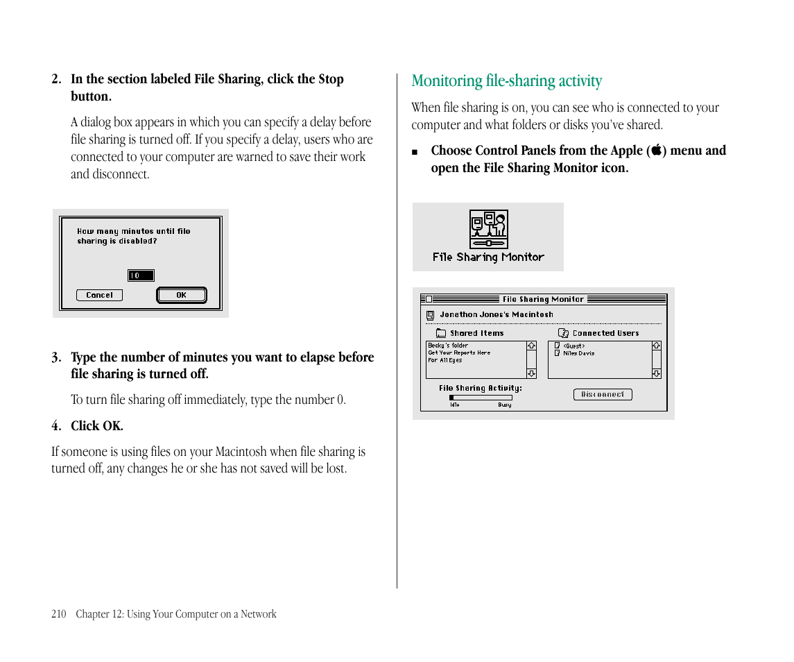 Monitoring file-sharing activity | Apple Macintosh PowerBook 145B User Manual | Page 224 / 304