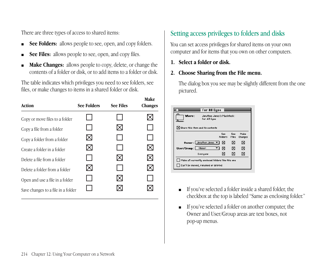 Setting access privileges to folders and disks | Apple Macintosh PowerBook 145B User Manual | Page 228 / 304