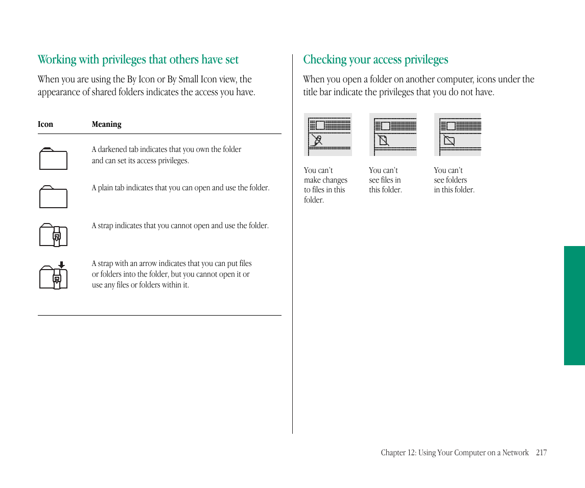 Working with privileges that others have set, Checking your access privileges | Apple Macintosh PowerBook 145B User Manual | Page 231 / 304