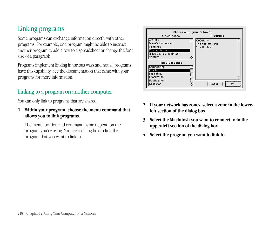 Linking programs, Linking to a program on another computer | Apple Macintosh PowerBook 145B User Manual | Page 232 / 304