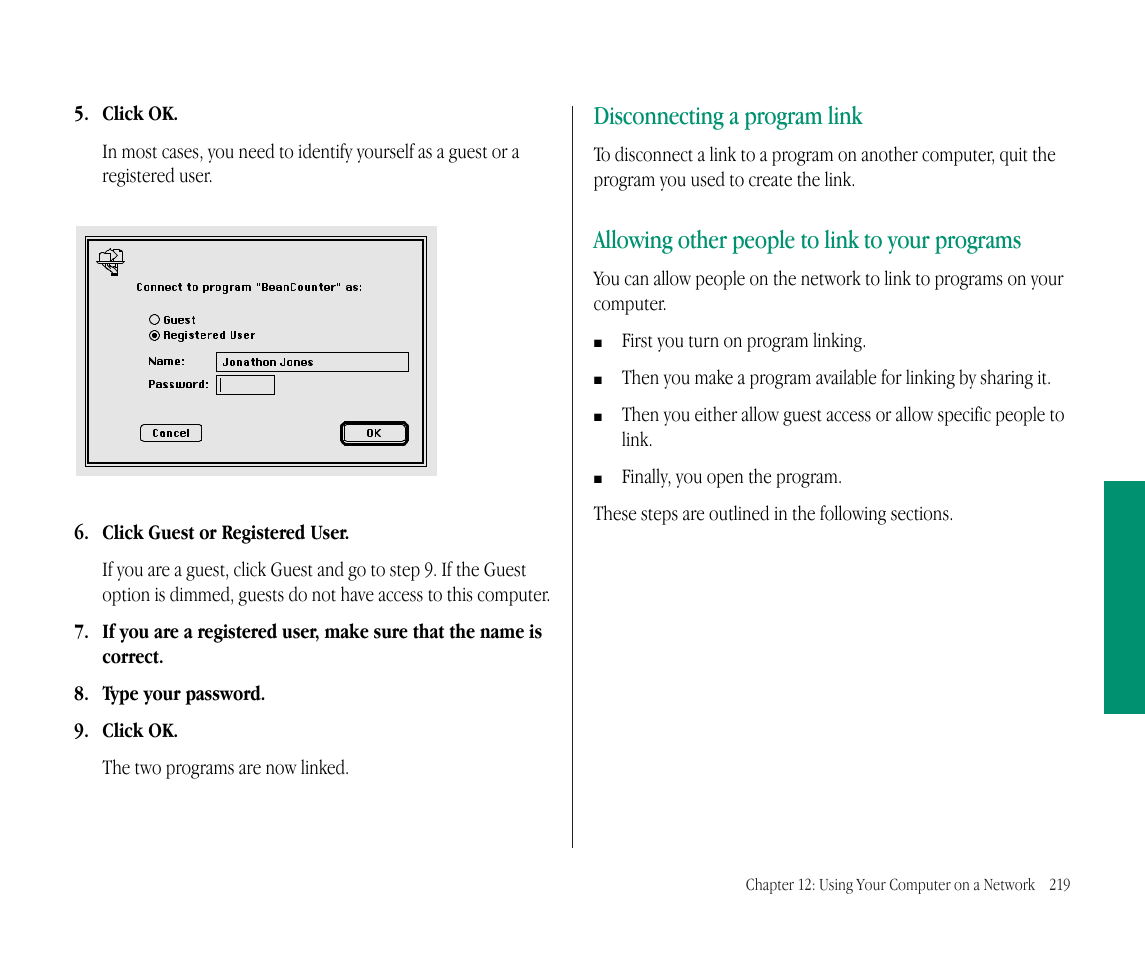 Disconnecting a program link, Allowing other people to link to your programs | Apple Macintosh PowerBook 145B User Manual | Page 233 / 304