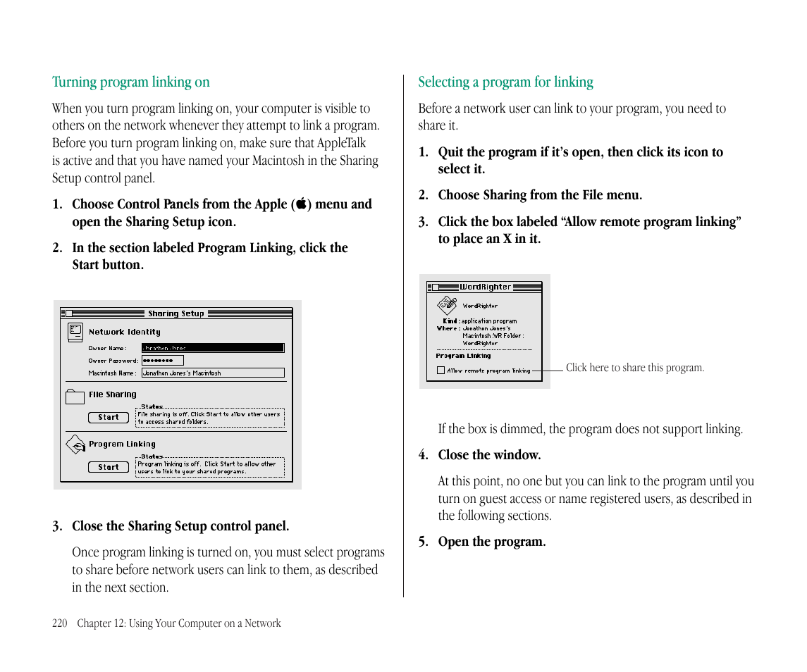 Turning program linking on, Selecting a program for linking | Apple Macintosh PowerBook 145B User Manual | Page 234 / 304