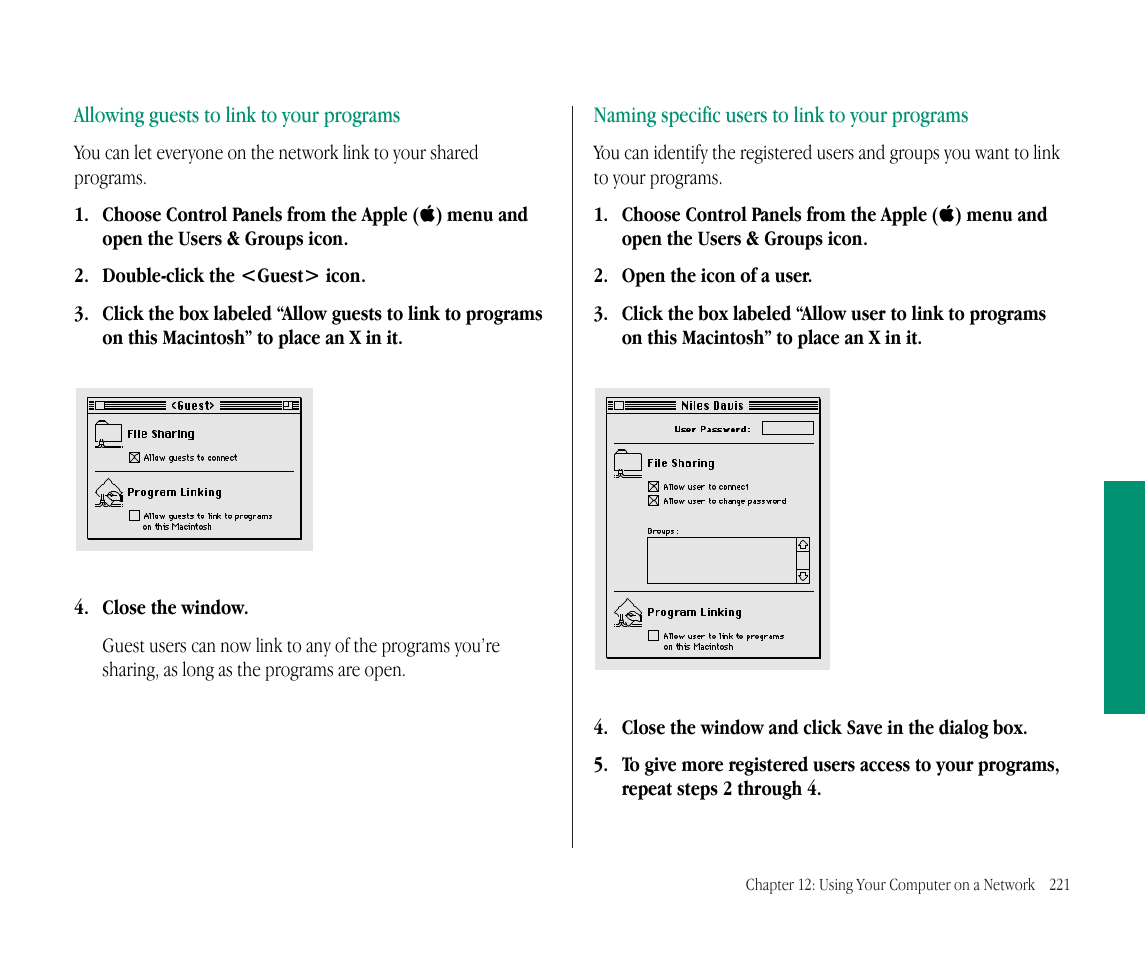 Allowing guests to link to your programs, Naming specific users to link to your programs | Apple Macintosh PowerBook 145B User Manual | Page 235 / 304