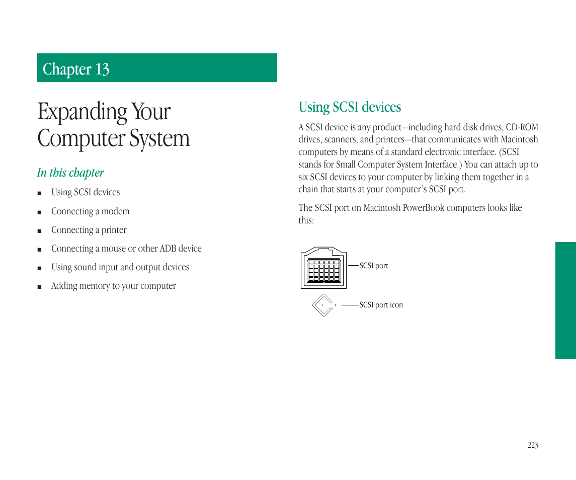 Expanding your computer system, Chapter 13, Using scsi devices | Apple Macintosh PowerBook 145B User Manual | Page 236 / 304