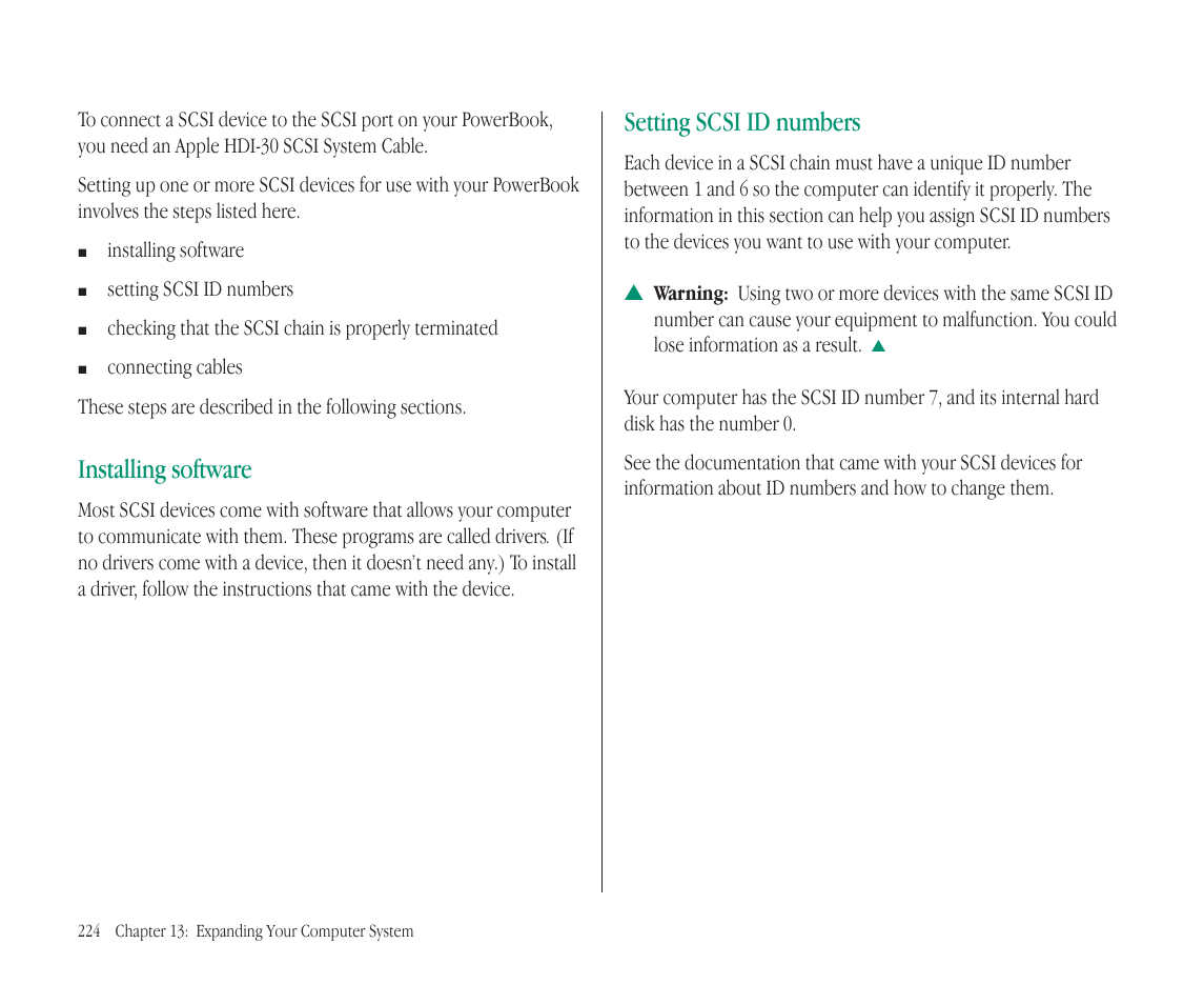 Installing software, Setting scsi id numbers | Apple Macintosh PowerBook 145B User Manual | Page 237 / 304