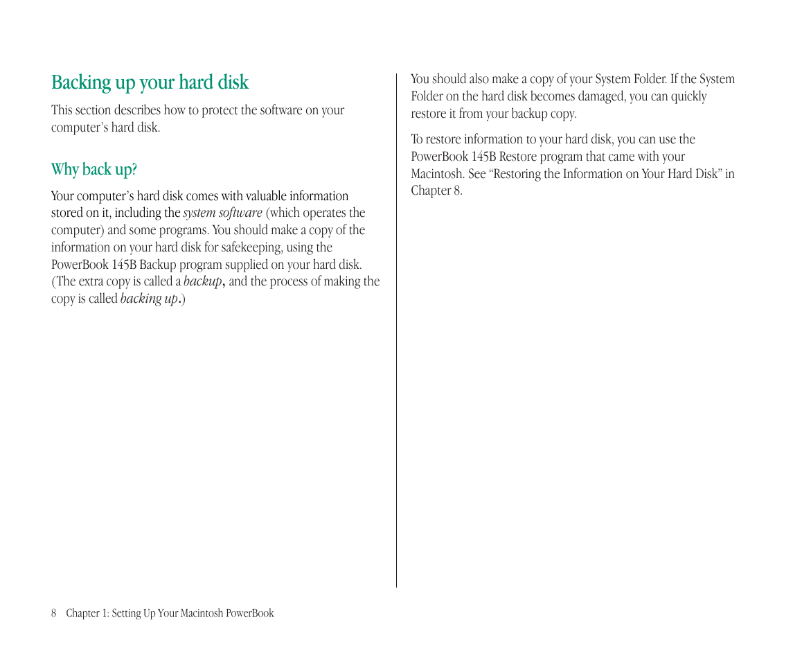 Backing up your hard disk, Why back up | Apple Macintosh PowerBook 145B User Manual | Page 24 / 304