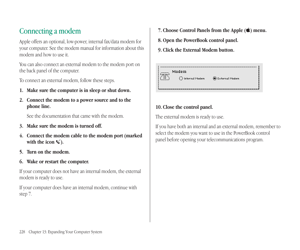 Connecting a modem | Apple Macintosh PowerBook 145B User Manual | Page 241 / 304