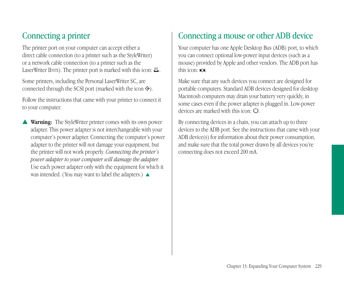 Connecting a printer, Connecting a mouse or other adb device | Apple Macintosh PowerBook 145B User Manual | Page 242 / 304