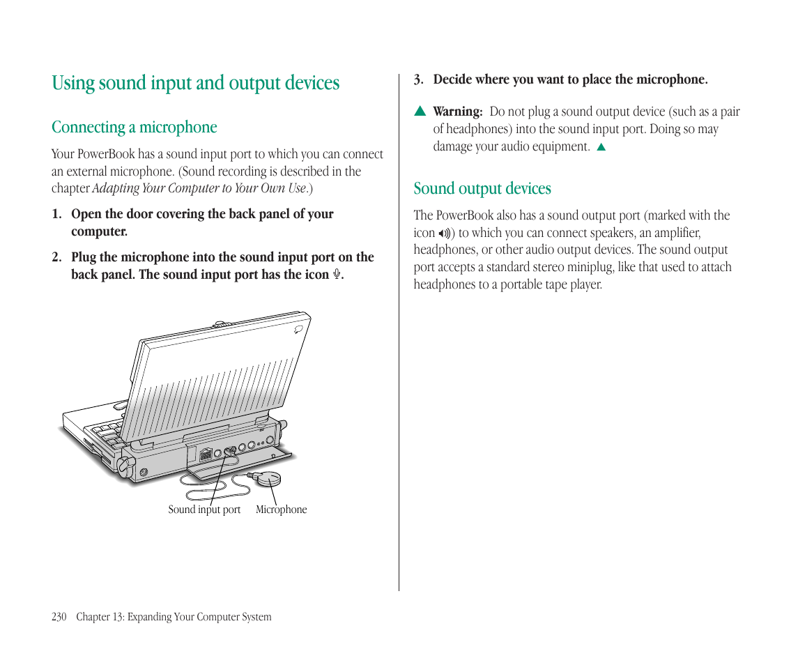 Using sound input and output devices, Connecting a microphone, Sound output devices | Apple Macintosh PowerBook 145B User Manual | Page 243 / 304