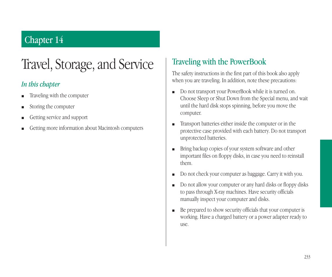 Travel, storage, and service, Chapter 14, Traveling with the powerbook | Apple Macintosh PowerBook 145B User Manual | Page 245 / 304