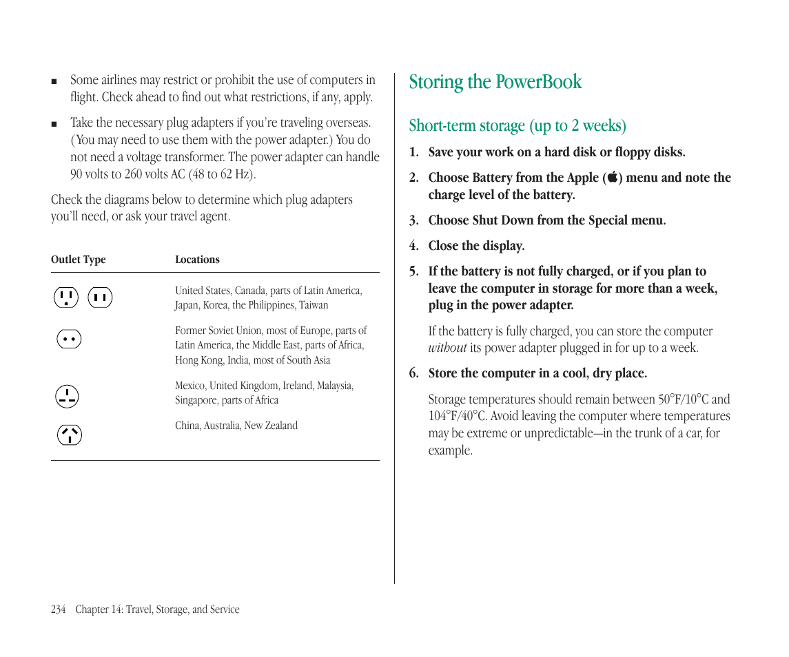 Storing the powerbook, Short-term storage (up to 2 weeks) | Apple Macintosh PowerBook 145B User Manual | Page 246 / 304